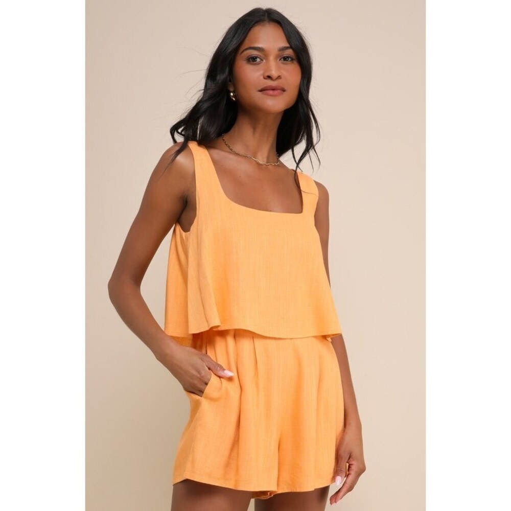 Lulus Effortless Escape Light Orange Linen Sleeveless Flounce Romper - Size XXL